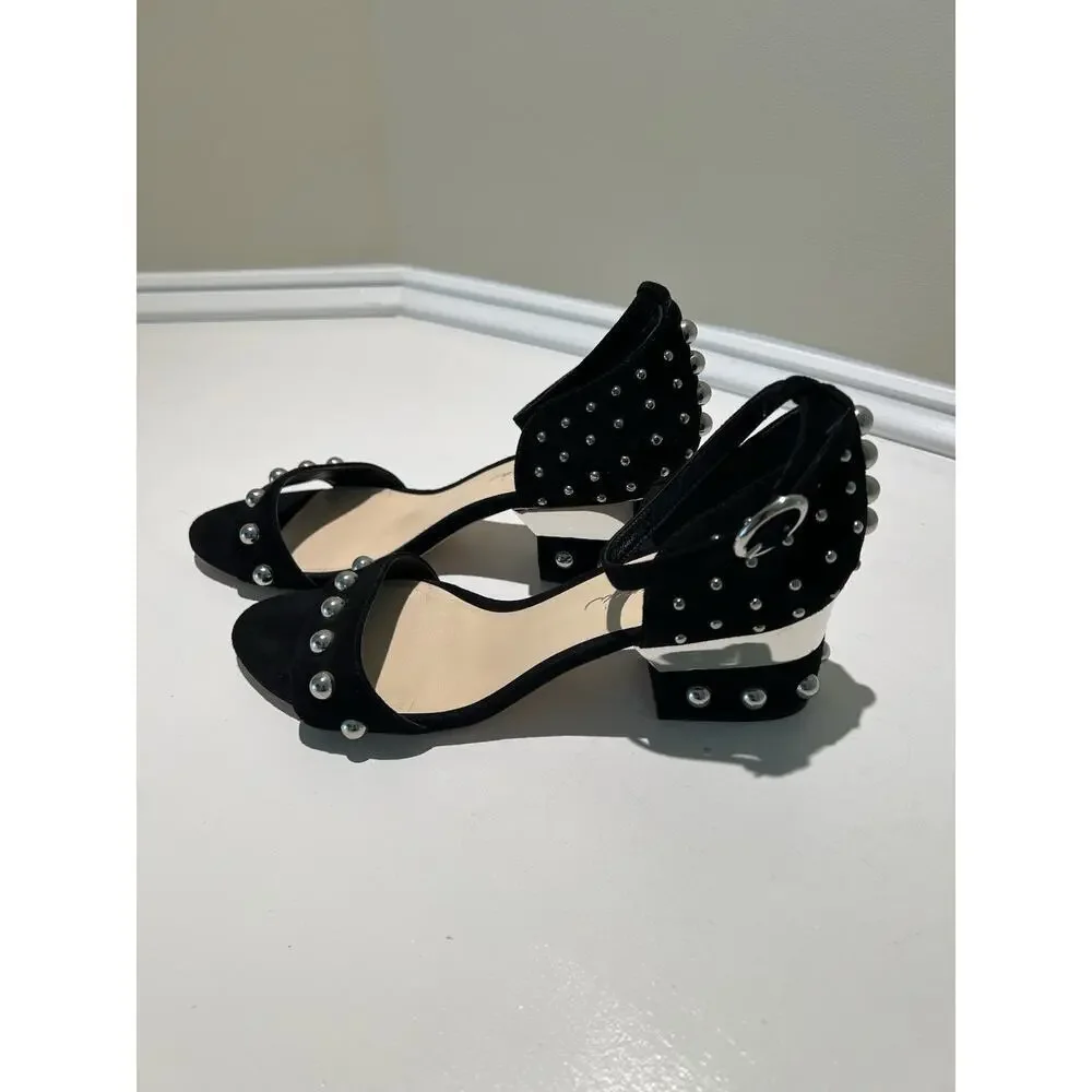 Isa Tapia Suede Black Studded Sandals Block Heels Eur Size 38.5